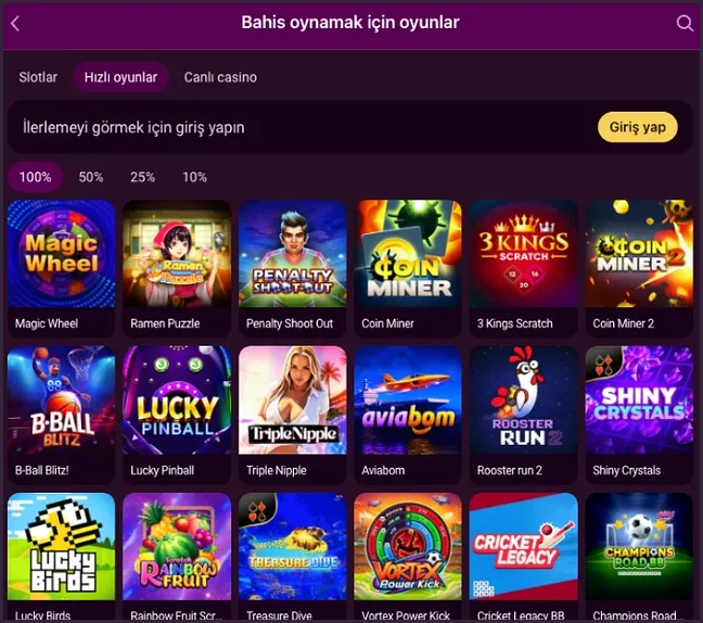 Hızlı oyunlar sekmesi Hızlı oyunlar sekmesinde Magic Wheel, Ramen Puzzle, Penalty Shoot Out ve Coin Miner kapakları, üstünde ilerleme için giriş yapma uyarısı var.