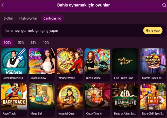 Bahis için oyun listesi Bahis oynamak için oyunlar ekranının Canlı casino sekmesi Greek Roulette, Joker's Show, Wonder Wheel ve Mega Ball gibi masaları sıralıyor.