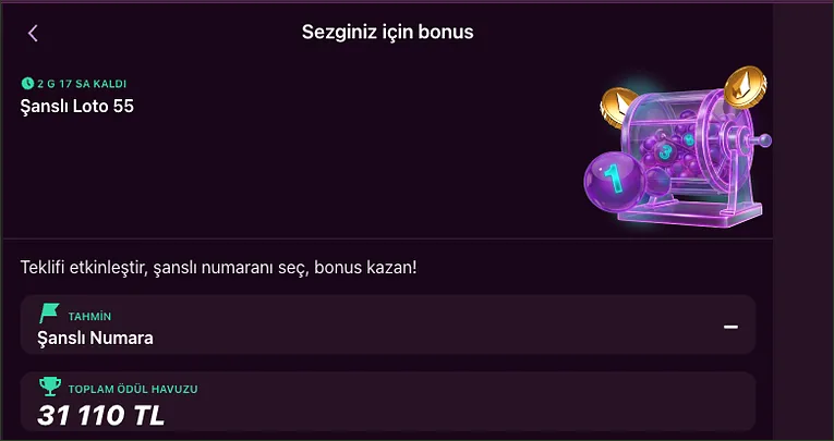 Şanslı Loto teklifi Şanslı Loto 55 teklifinde 2 G 17 SA KALDI sayacı, çekiliş makinesi çizimi ve 31 110 TL toplam ödül havuzu görünüyor.
