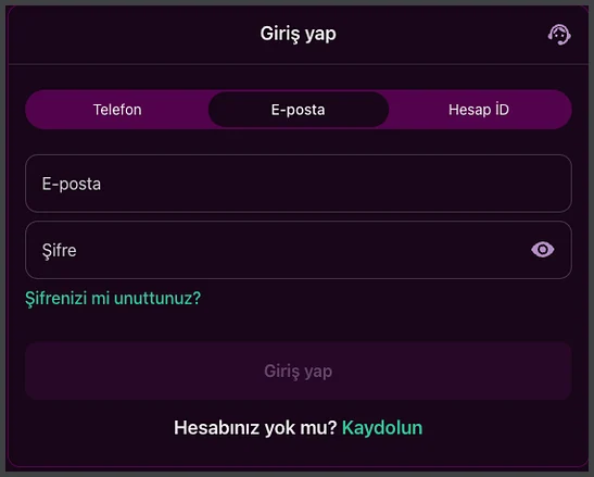 E-posta ile giriş Giriş yap formunda E-posta sekmesi seçili; Şifre alanı, soluk Giriş yap düğmesi ve Hesabınız yok mu? Kaydolun satırı sıralanıyor.
