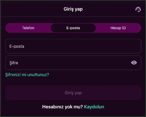 Giriş sekmeleri Giriş yap penceresinde Telefon, E-posta ve Hesap İD sekmeleri, E-posta ile Şifre alanları ve Şifrenizi mi unuttunuz? bağlantısı yer alıyor.
