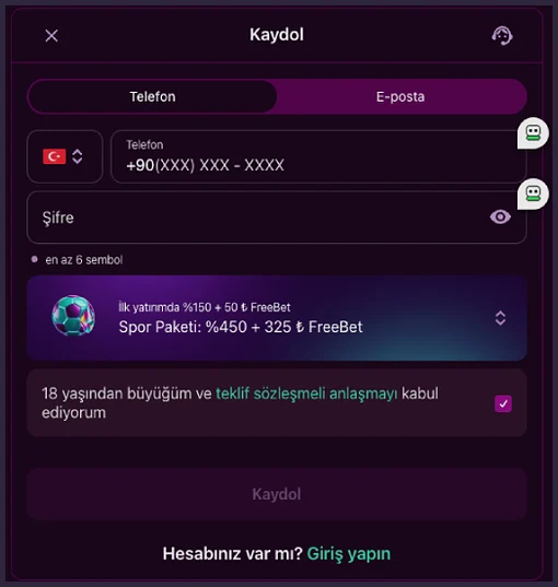 Ülke ve numara alanı Kaydol formunda Türk bayraklı ülke seçici, +90(XXX) XXX - XXXX numara alanı, Spor Paketi satırı ve kayıt düğmesi yakından görülüyor.