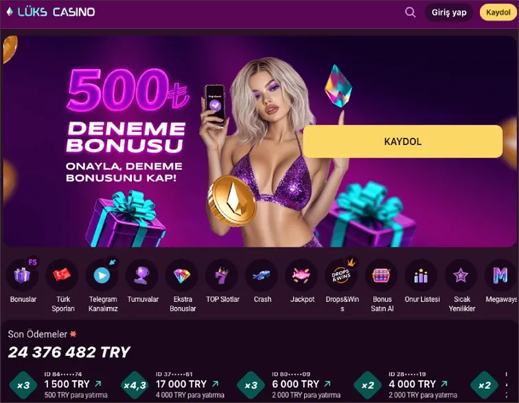 Sarı Kaydol düğmesi ve 500₺ Deneme Bonusu afişinin altında, 24 376 482 TRY toplamlı Son Ödemeler şeridi görünüyor.