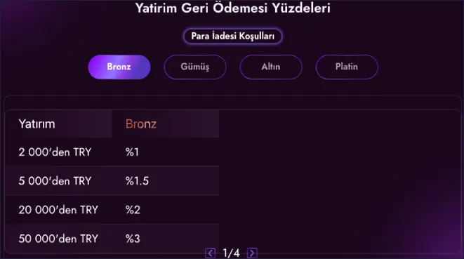 Bronz seviye oranları Bronz sekmesi seçili tabloda 2 000'den TRY %1, 5 000'den TRY %1.5, 20 000'den TRY %2 ve 50 000'den TRY %3 oranları sıralanıyor.