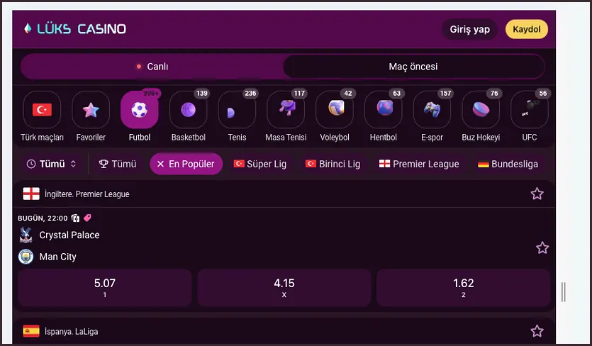 Futbol maç listesi Tarayıcı çerçevesindeki futbol listesinde Premier League filtresi, Bundesliga seçeneği ve BUGÜN 22:00 Crystal Palace - Man City maçı görünüyor.