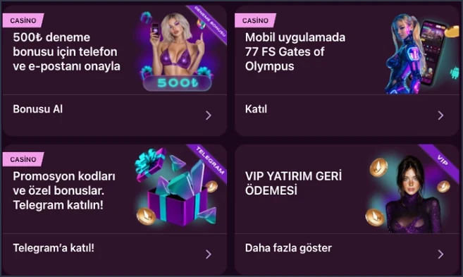 Telegram promo kartı Telegram kartı promosyon kodları ve özel bonuslar için Telegram'a katılmayı öneriyor; alt sırada VIP Yatırım Geri Ödemesi kartı duruyor.