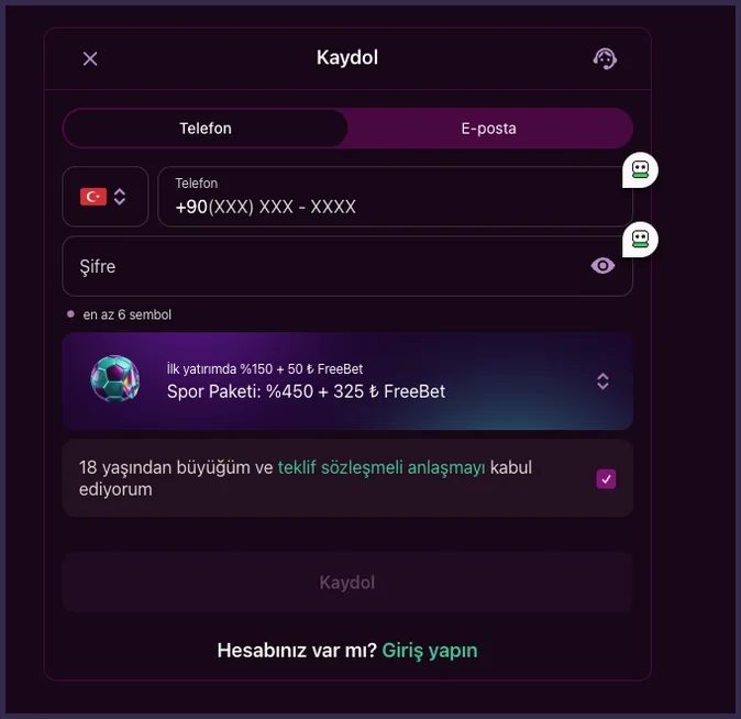 Spor Paketi seçici Koyu kenar boşluğu içindeki Kaydol formunda Telefon alanı, Şifre alanı ve futbol simgeli Spor Paketi seçici görünüyor.