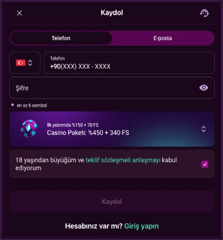 Casino Paketi seçimi Kaydol penceresinin Telefon sekmesinde +90(XXX) XXX - XXXX alanı, en az 6 sembol ipucuyla Şifre alanı ve Casino Paketi: %450 + 340 FS seçici var.