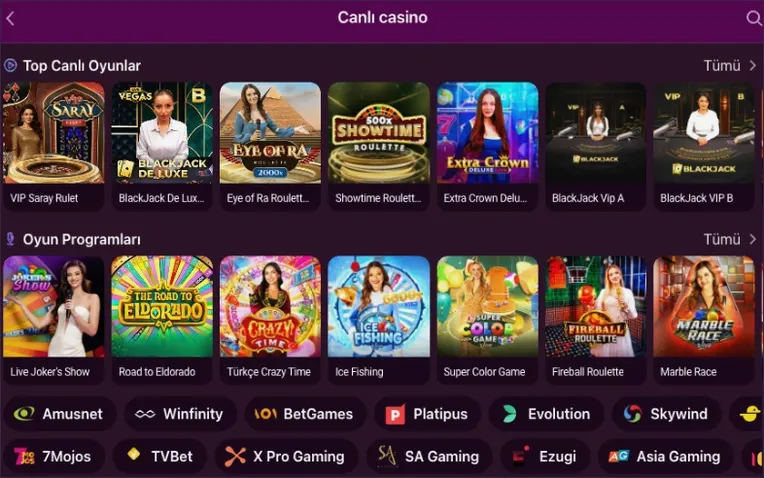 Canlı casino sayfası Canlı casino sayfasında VIP Saray Rulet, BlackJack De Luxe ve Eye of Ra Roulette ile Oyun Programları sırası ve Evolution gibi sağlayıcı çipleri bulunuyor.